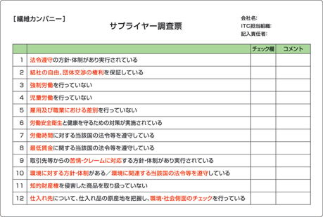 サプライチェーン実態調査のチェックリストの一部