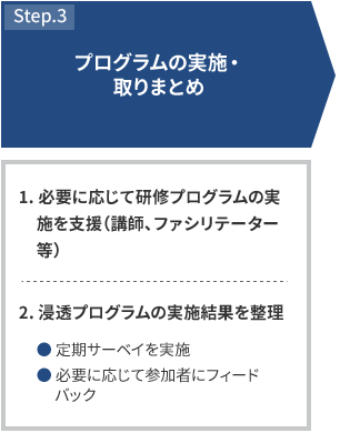 STEP3 プログラムの実施・取りまとめ 1.必要に応じて研修プログラムの実施を支援（講師、ファシリテーター等） 2.浸透プログラムの実施結果を整理 定期サーベイを実施 必要に応じて参加者にフィードバック
