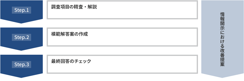 Step1 調査項目の精査・解説
Step2 模範解答案の作成
Step3 最終回答のチェック